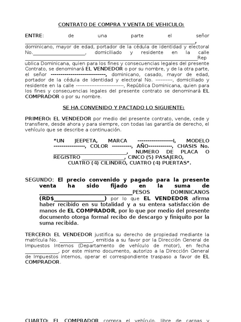 desmayarse posición para donar Contrato de Compra y Venta de Vehiculo | PDF | República Dominicana |  Gobierno