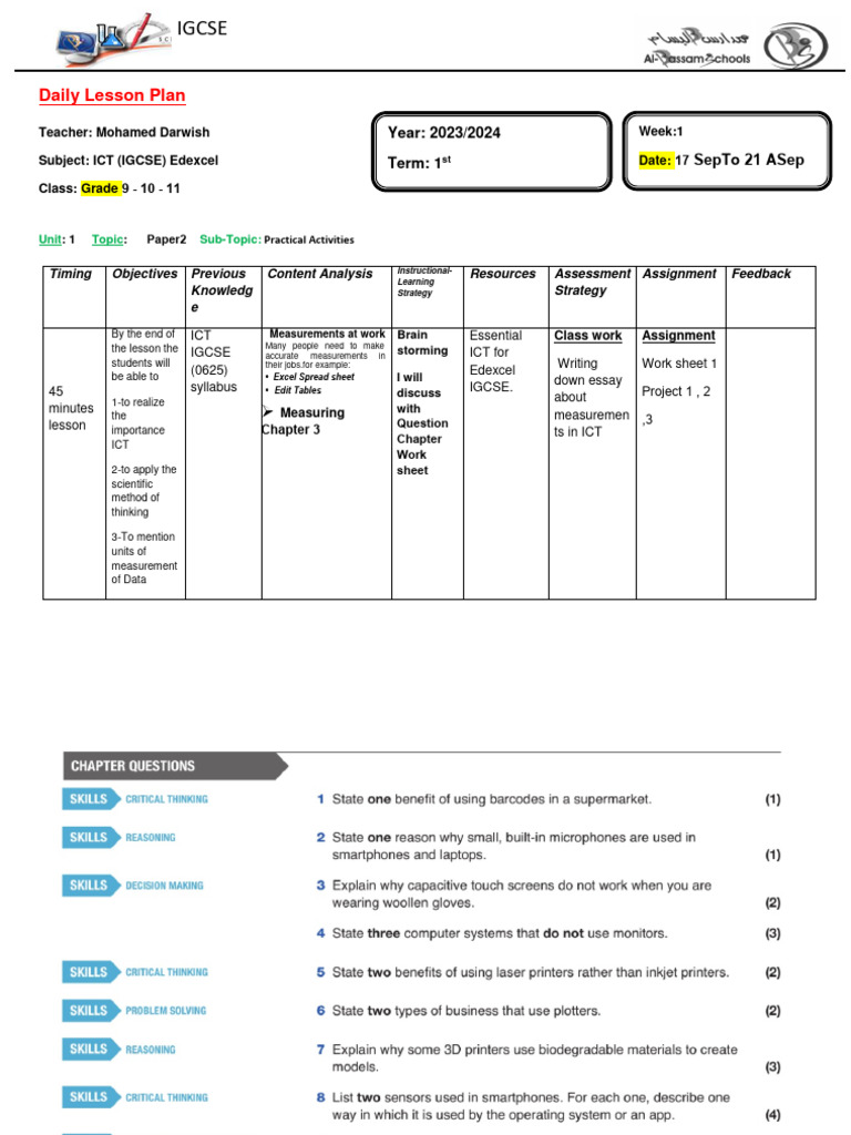 IGCSE ICT Daily Lesson Plan | PDF