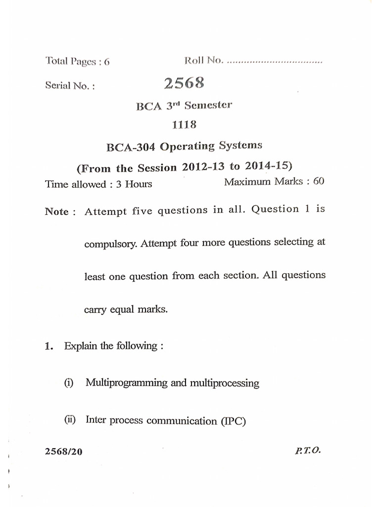 Operating System Questions For Semester Exam | PDF