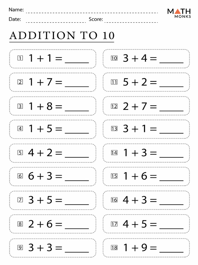Addition To 10 Worksheets PDF