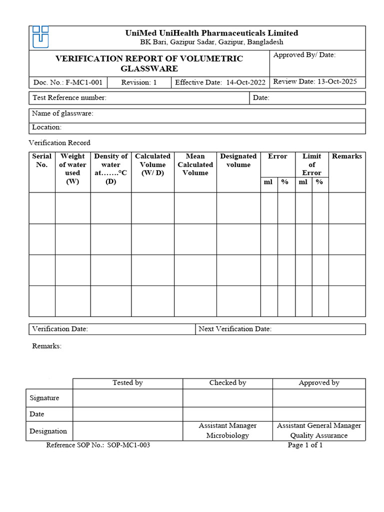 FMC1001 (Rev1) (VERIFICATION REPORT OF VOLUMETRIC GLASSWARE) PDF