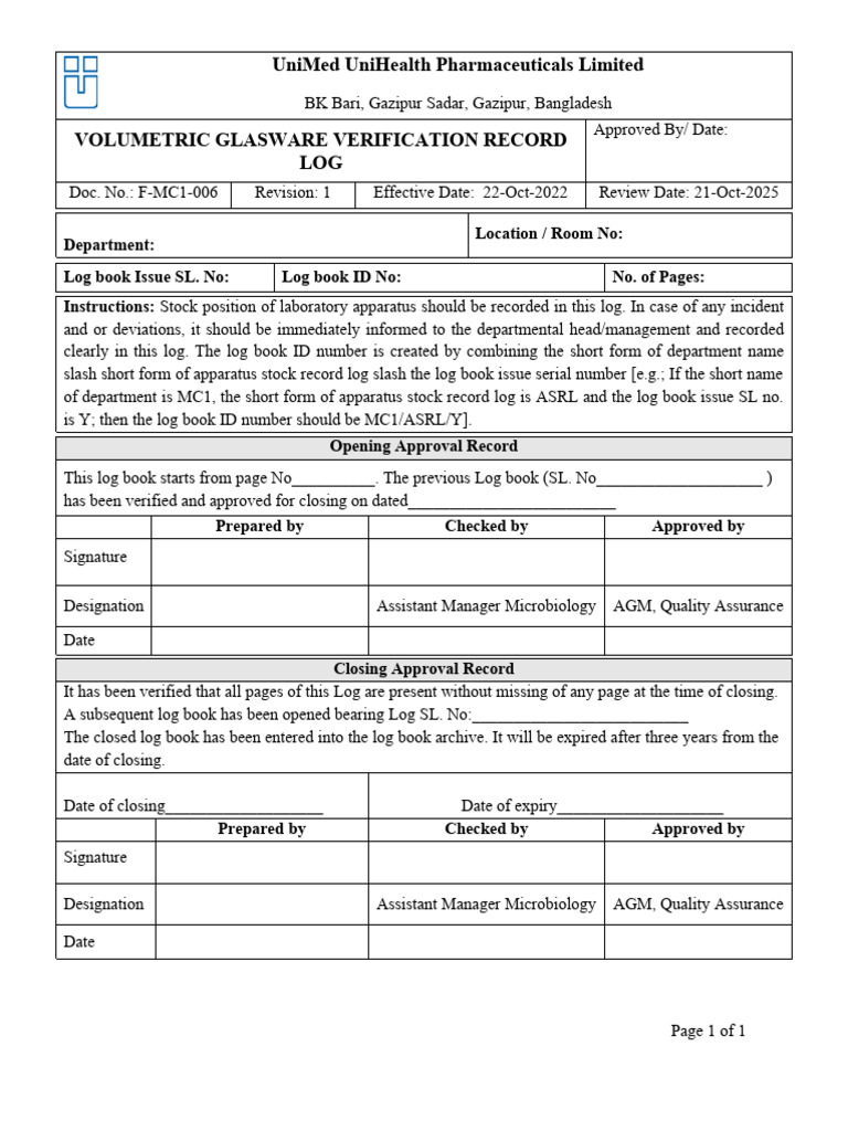FMC1006 (Rev1) (VOLUMETRIC GLASSWARE VERIFICATION RECORD LOG) PDF