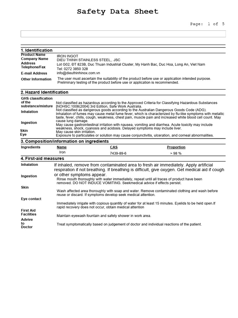 MSDS Iron Ingot | PDF | Water | Personal Protective Equipment