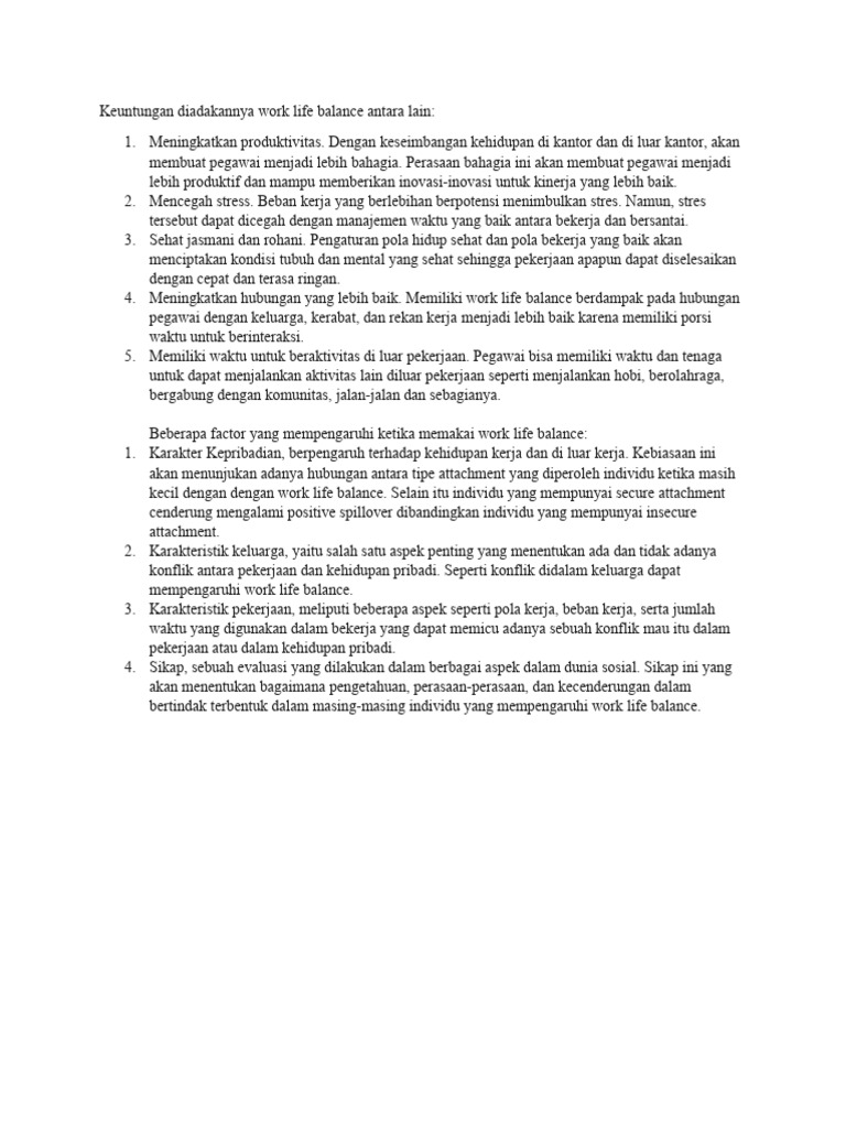 Keuntungan diadakannya work life balance dan faktor | PDF