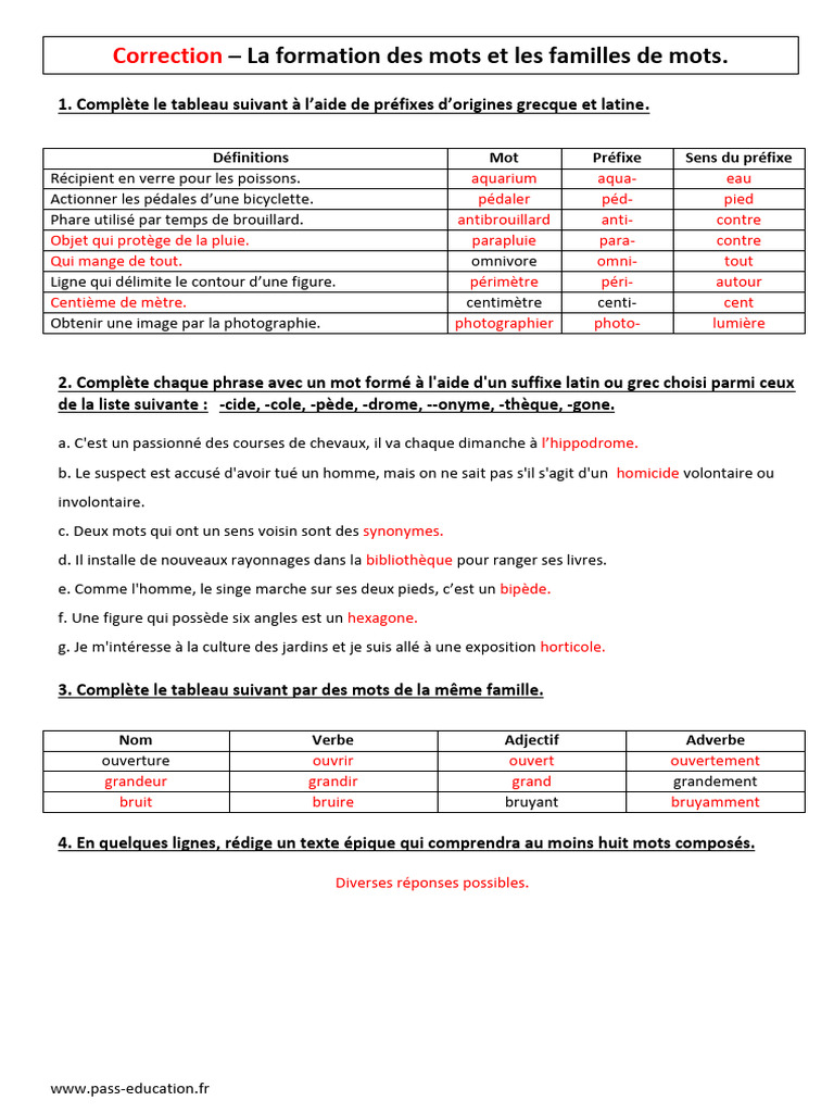 Mot De La Meme Famille Que Ranger Correction-Famille-de-mots-Formation-des-mots-5Ã¨me-Evaluation | PDF