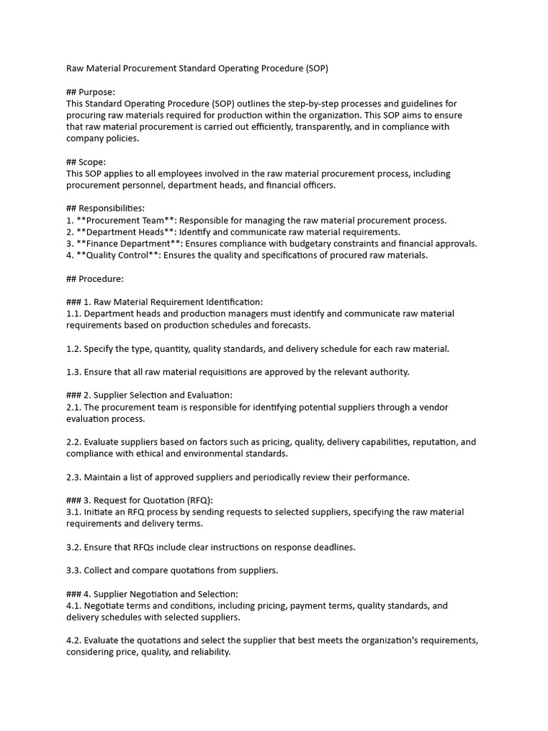 Raw Material Procurement Standard Operating Procedure | PDF