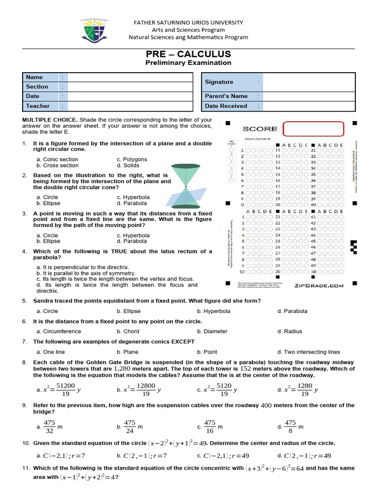 Ellipse Concepts in Pre-Calculus Exam | PDF | Ellipse | Algebraic Geometry