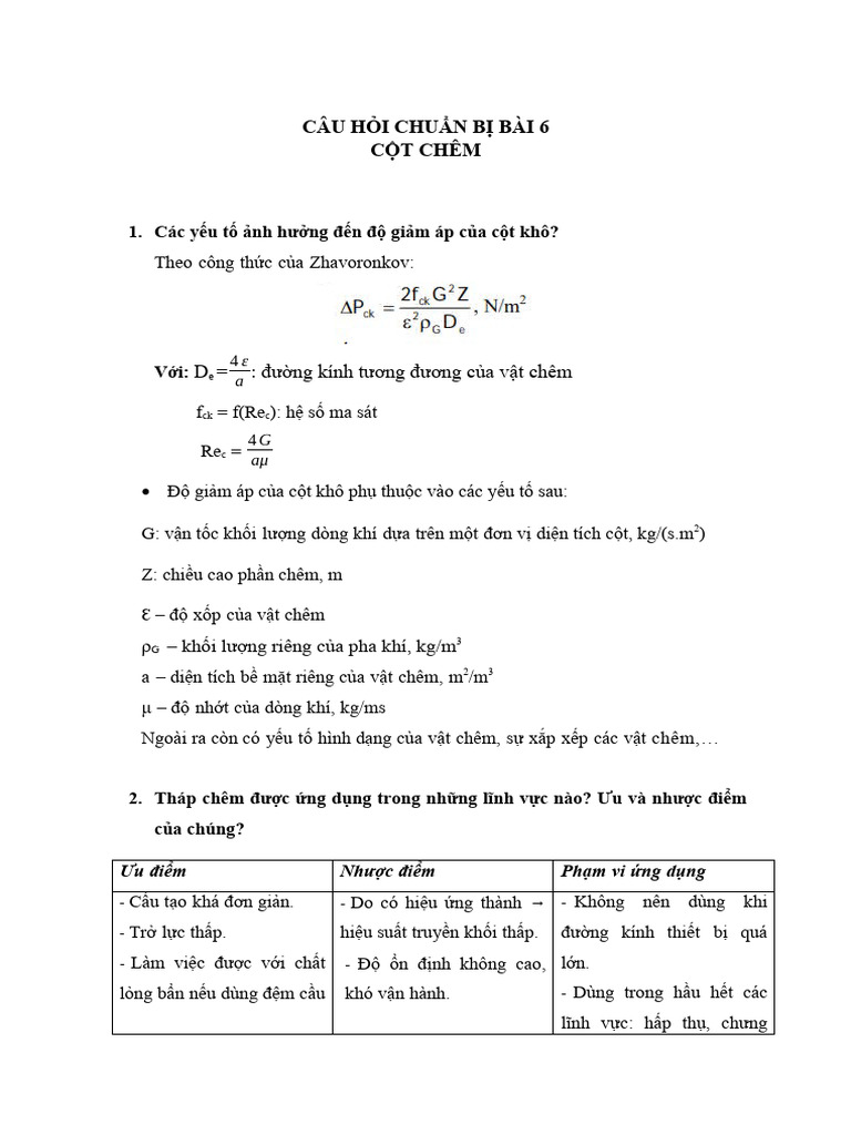 CÂU HỎI CHUẨN BỊ CỘT CHÊM | PDF