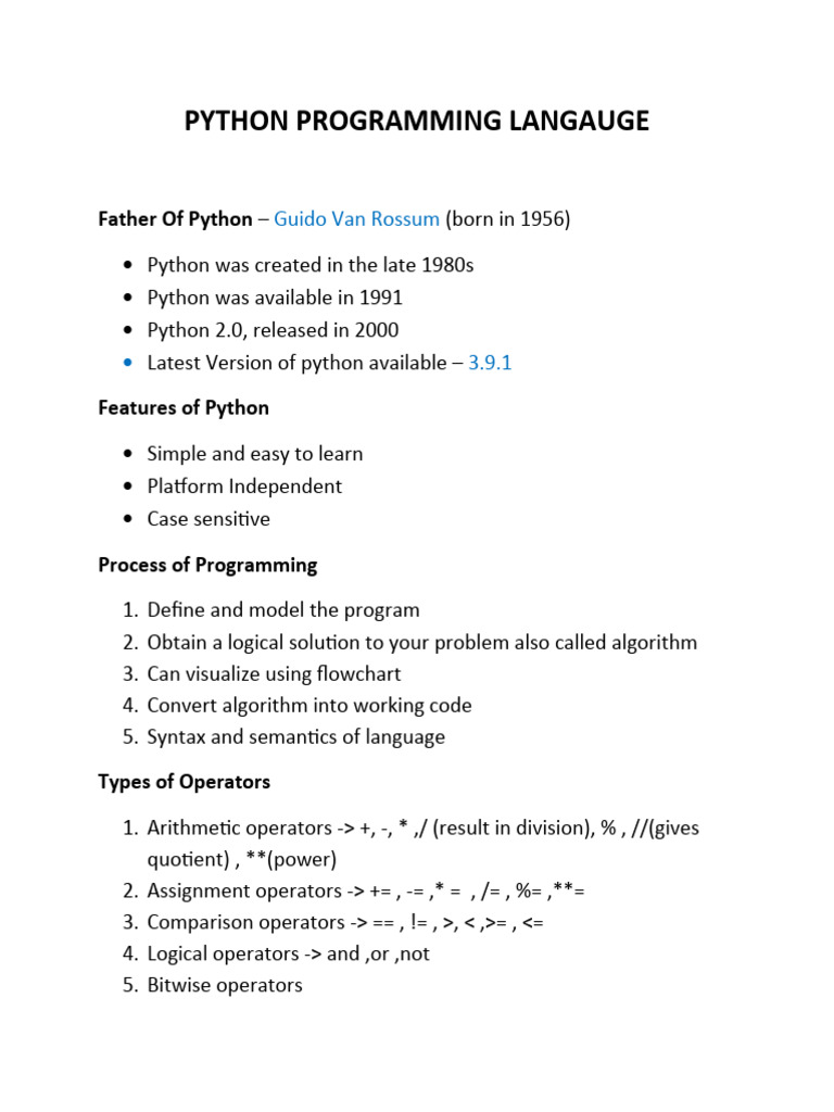 Python Programming Langauge | PDF | Data Type | Object Oriented Programming