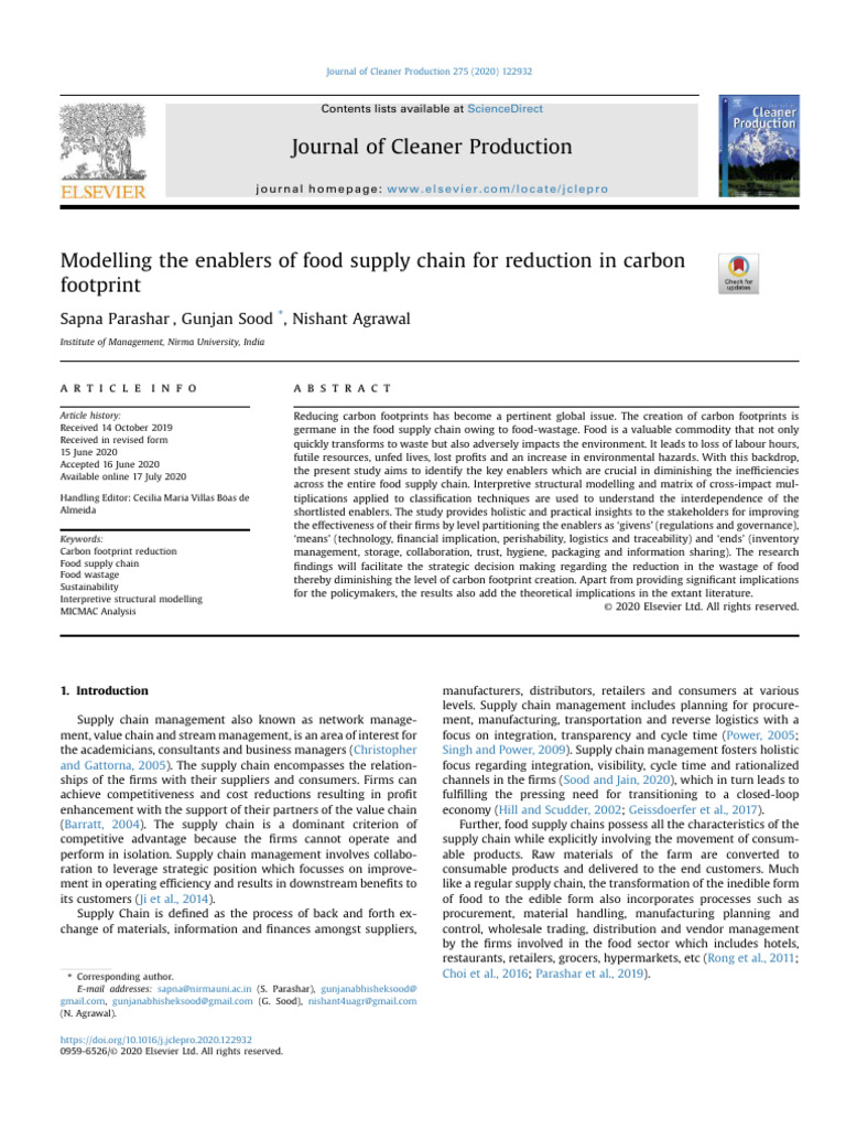 Modelling The Enablers of Food Supply Chain For Reduction in Carbon ...