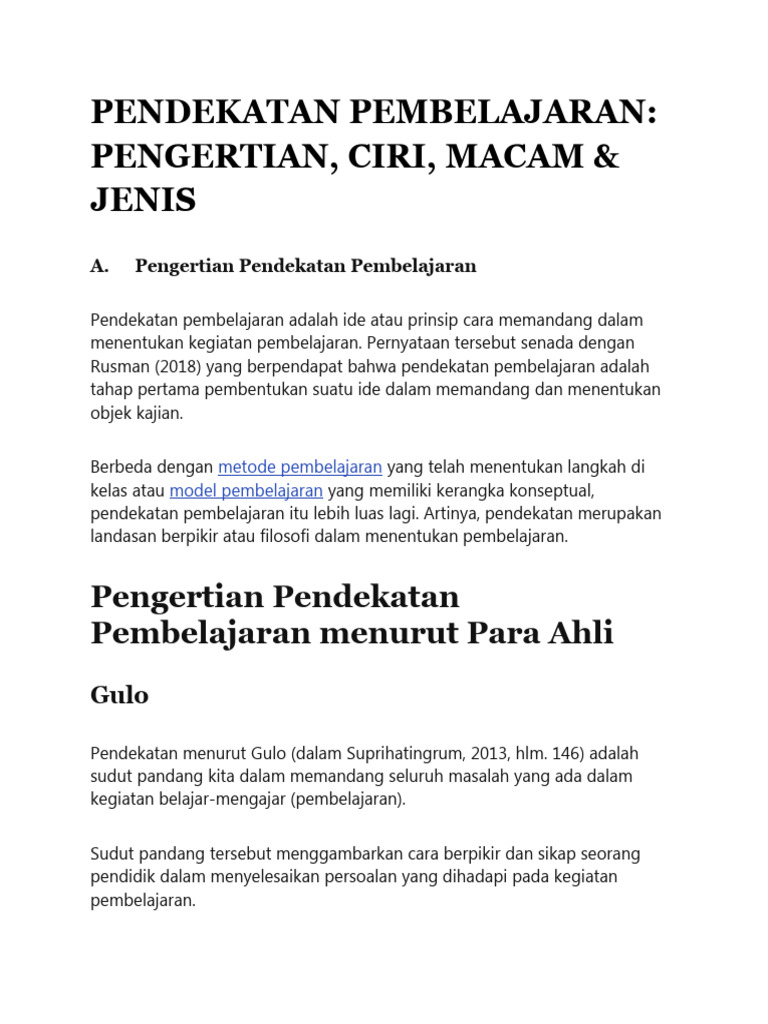 Pendekatan Pembelajaran: Definisi & Jenis | PDF