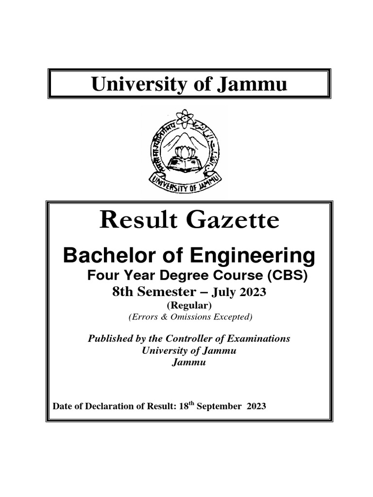 Gazette of BE 8th Sem. CBS (Reg) Held in July 2023 | PDF