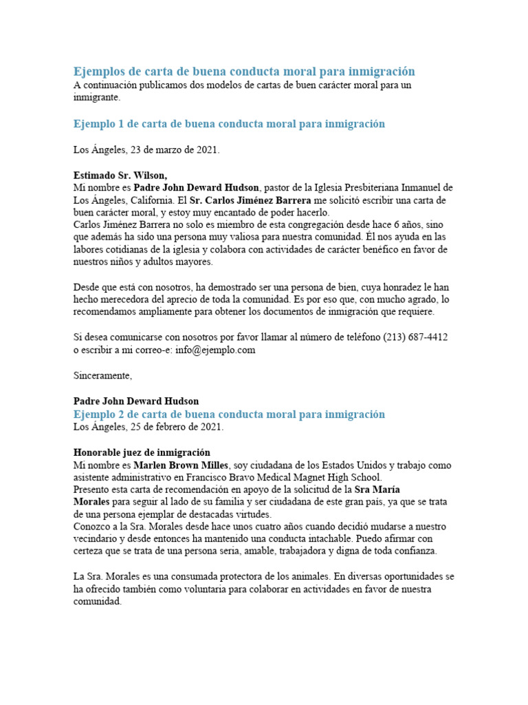 Ejemplos de Carta de Buena Conducta Moral PARA EMIGRACION PDF