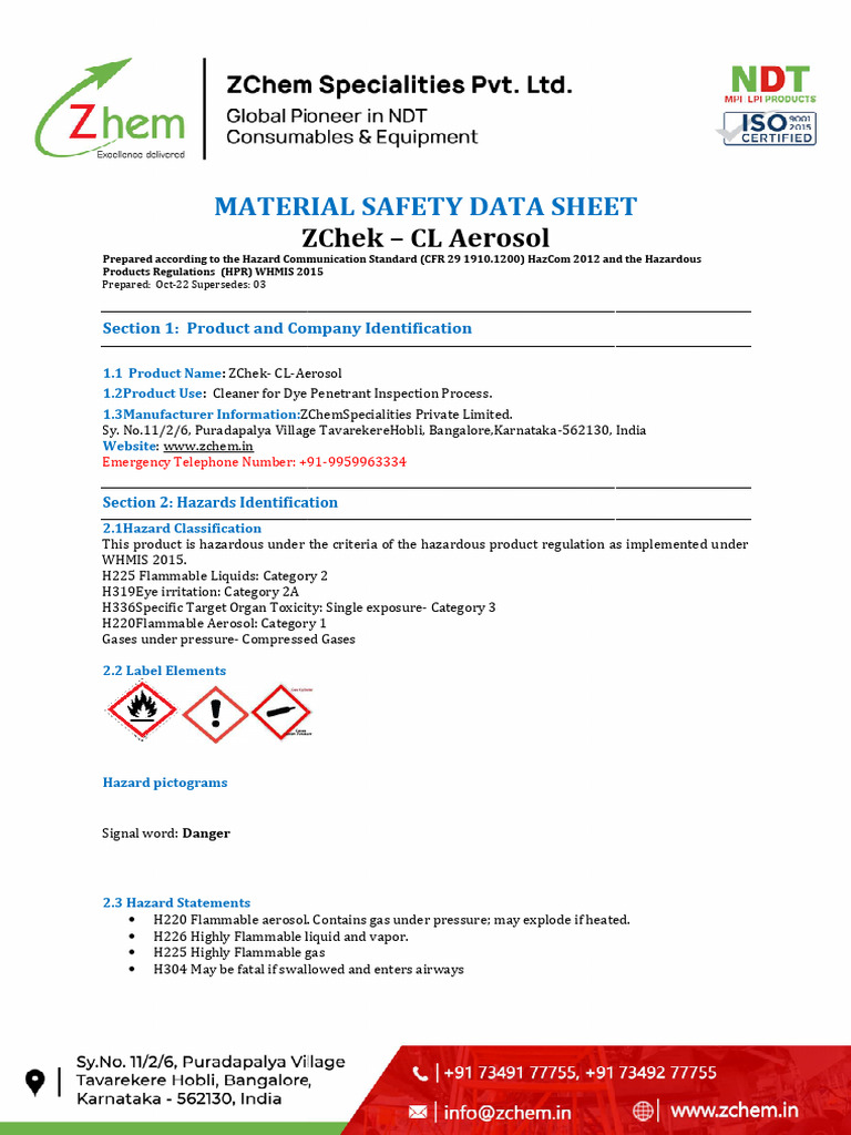 ZChek CL Aerosol MSDS PDF Dangerous Goods Physical Sciences