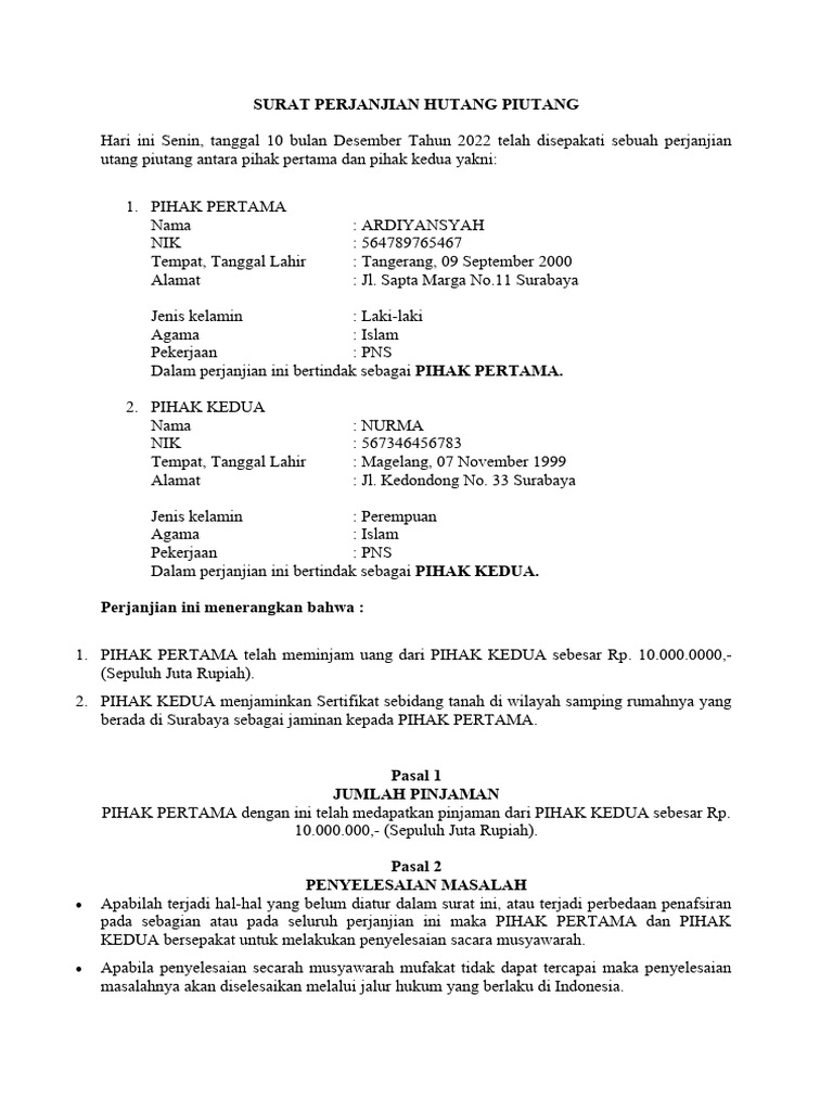 Surat Perjanjian Hutang Piutang Pdf