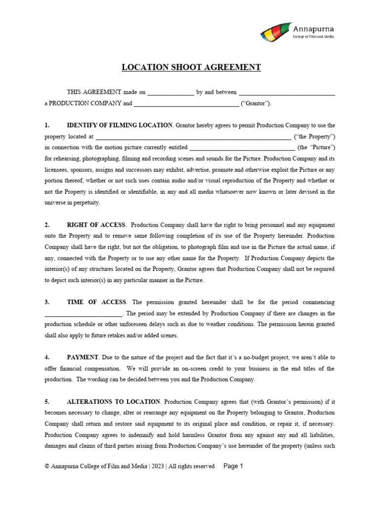 Location Agreement Form Updated Download Free PDF Indemnity