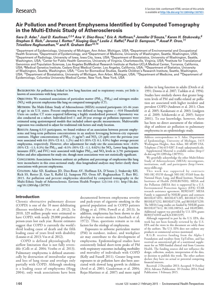 Air Pollution and Percent Emphysema Identified by Computed Tomography