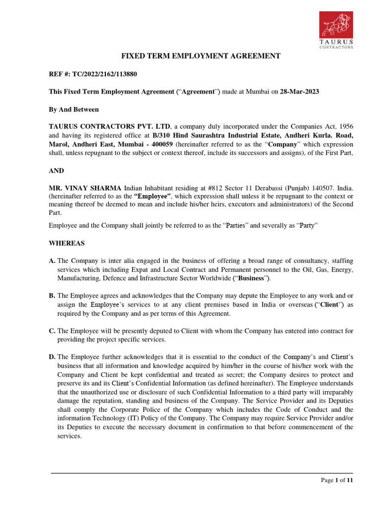 Fixed Term Employment Agreement Overview | PDF