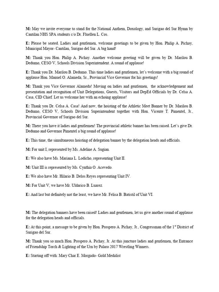 Provincial Athletic Meet Opening Script | PDF