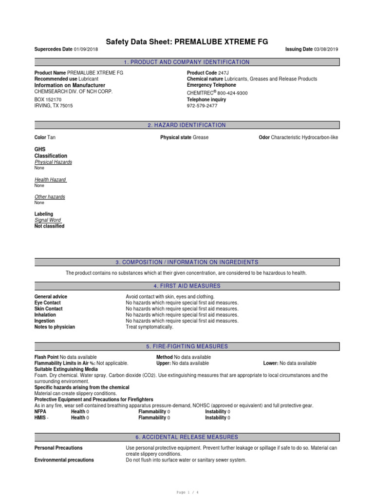 chemsearch_premalube_xtreme_fg_sds PDF Personal Protective