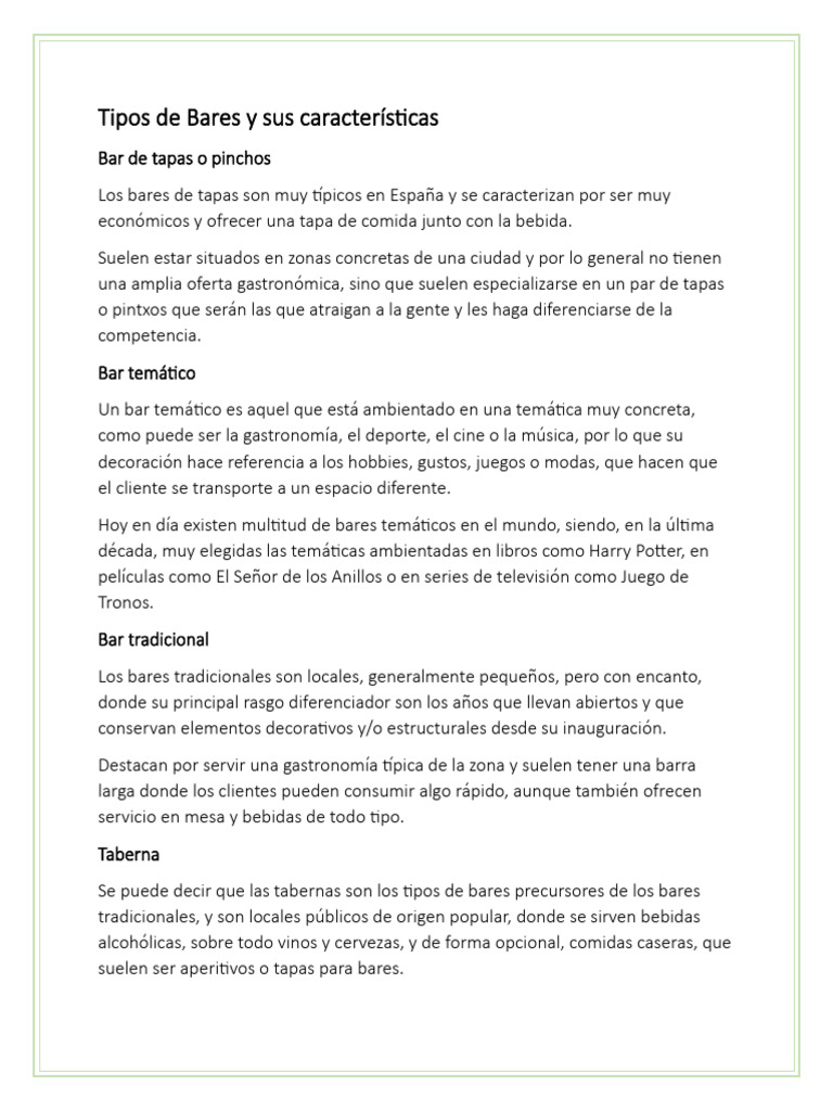 Tipos de Bares y sus Características | PDF | Bar (Establecimiento) | pub