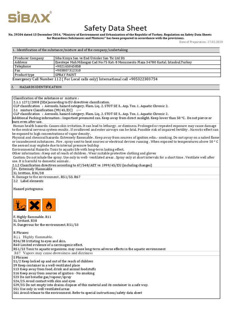 Si̇bax Spray Paint MSDS PDF Occupational Safety And Health