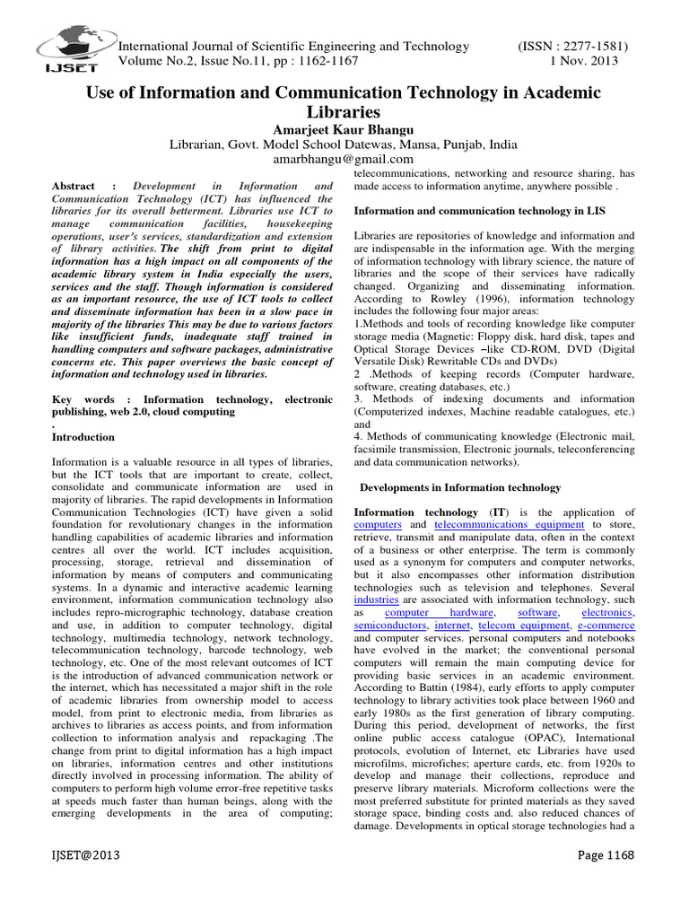ICT in Academic Libraries: An Overview | PDF | Computer Network | Libraries