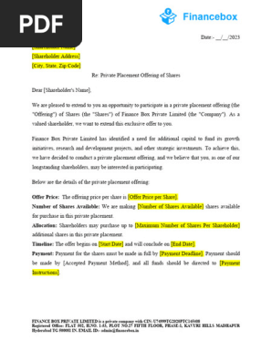 Private Placement Offering of Shares