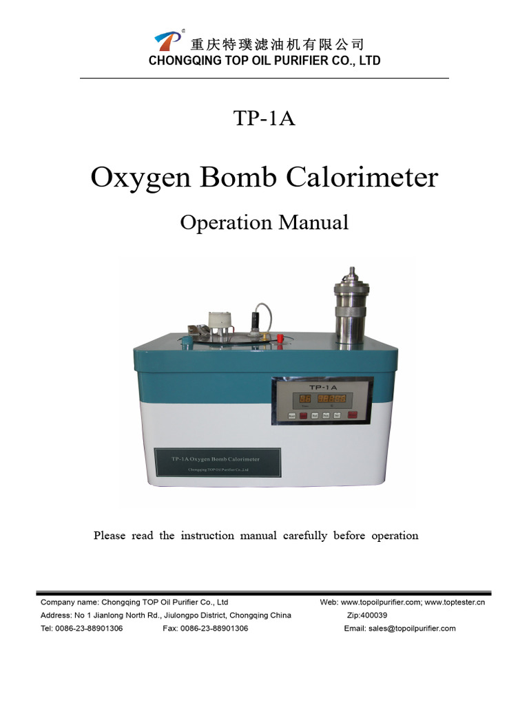 Operation Instruction Of Oxygen Bomb Calorimeter Tp 1a Pdf