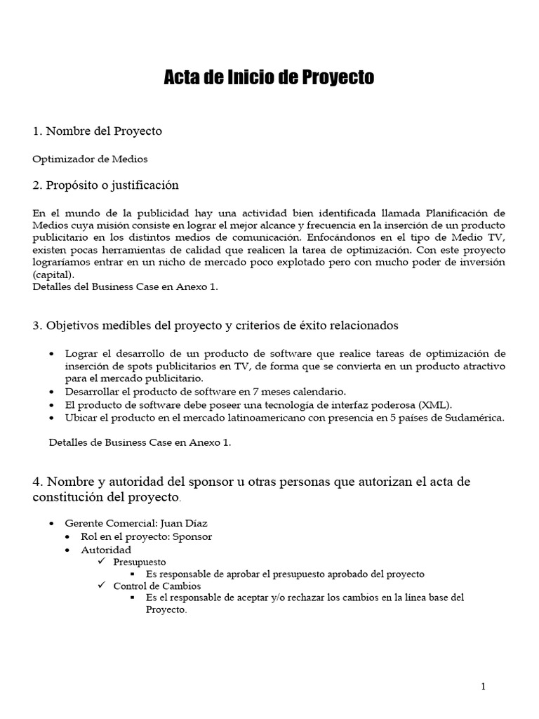 Entregable 1 Acta de Inicio de Proyecto | PDF | Publicidad | Presupuesto