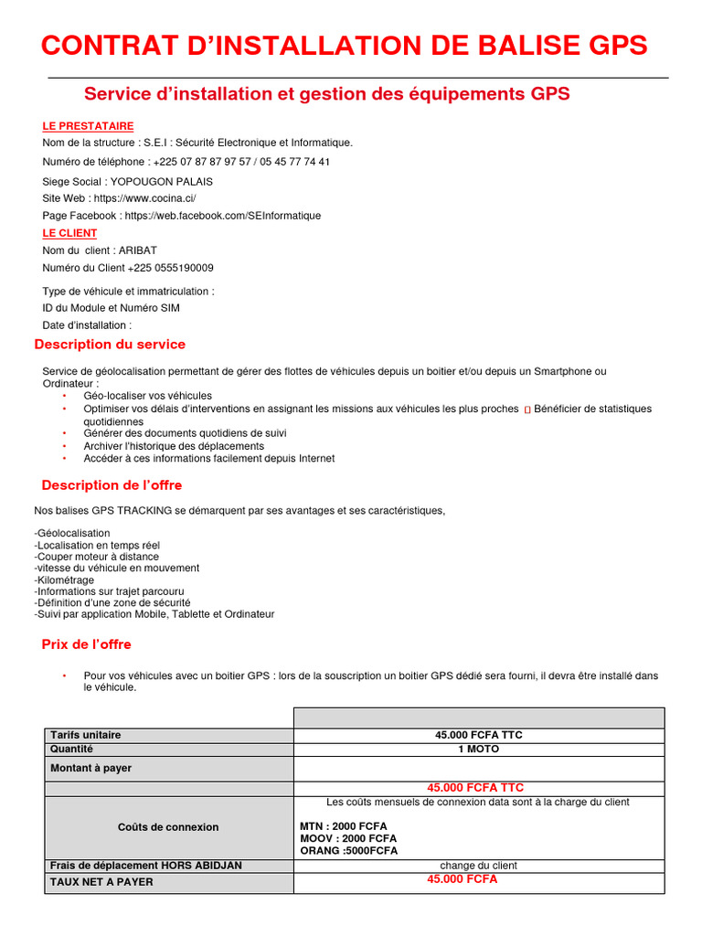Contrat D'installation Gps Nour Distribution - 091850 | PDF