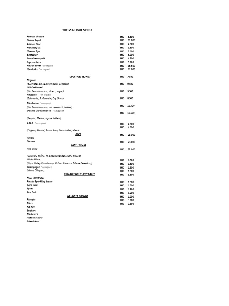 The Mini Bar Menu | Download Free PDF | Wine | Distilled Drinks