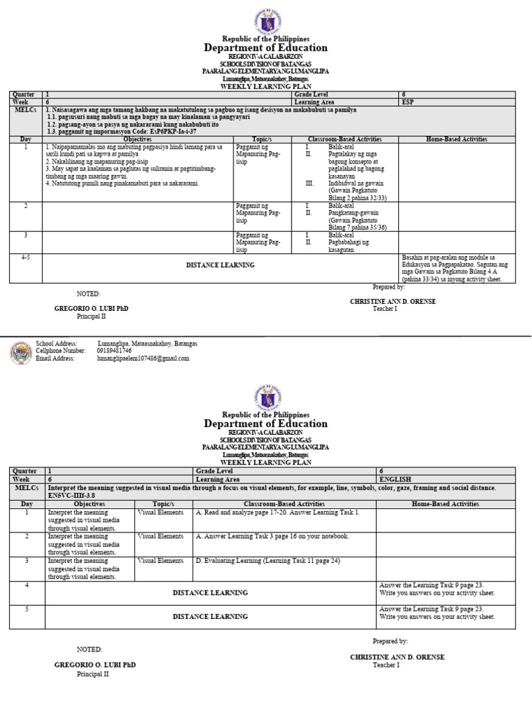 Weekly Learning Plan Week 6 | PDF