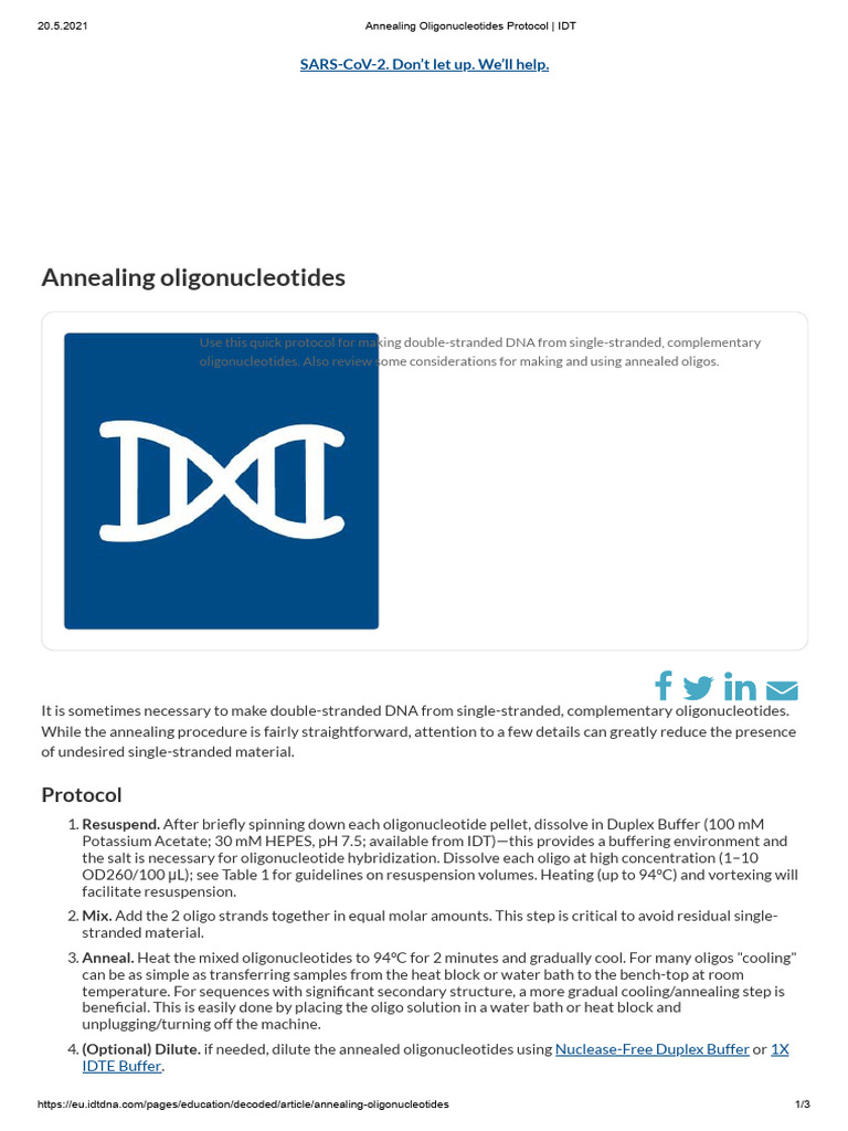 Annealing Oligonucleotides Protocol IDT PDF Nucleic Acid