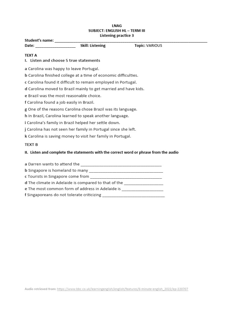 English HL Listening Practice Term III | PDF | Career & Growth ...