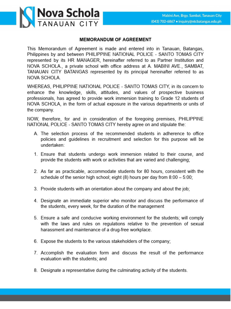 Work Immersion Agreement: PNP & Nova Schola | PDF | Sexual Harassment ...