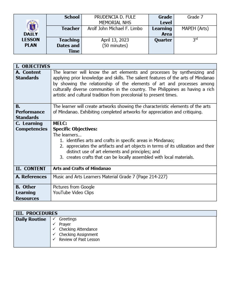 Grade 7 MAPEH Lesson Plan: Mindanao Arts | PDF | Learning | Neuroscience