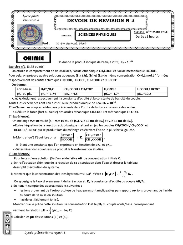Devoir de Revision3 2023bac Math Def | PDF | Acide | Sciences physiques