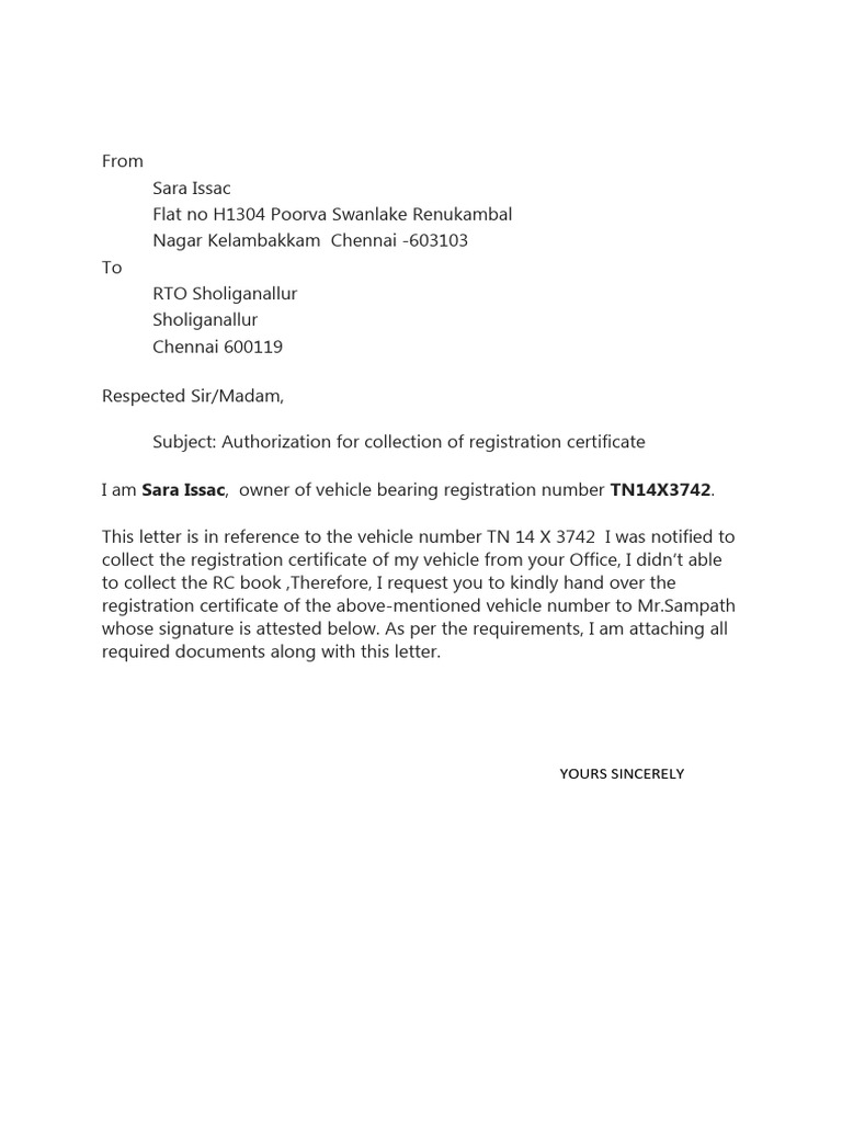 RTO Authorization Letter for RC Collection | PDF