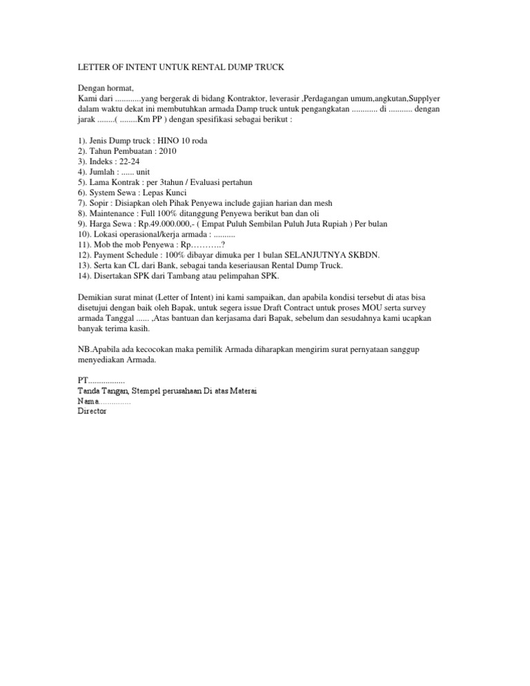 Letter Of Intent Untuk Rental Dump Truck 1522021 Contoh Surat Permohonan Kerjasama Dalam menjalankan sebuah proyek atau kegiatan tidak dipungkiri kita akan selalu membutuhkan bantuan dari banyak pihak.