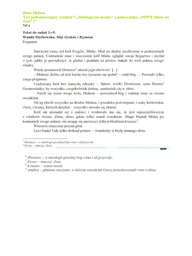 Złoto Midasa rozdział 5 test a i b PDF