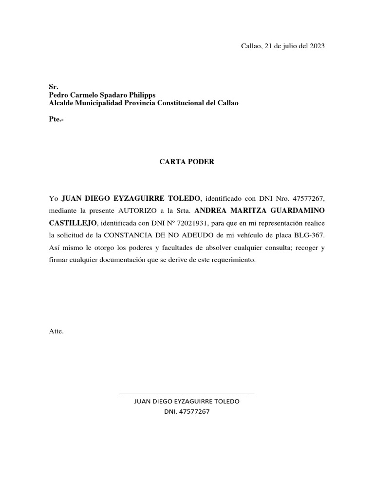 Poder - Solicitud de Carta de No Adeudo Muni Callao | PDF