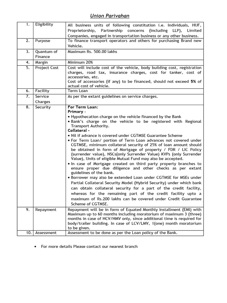 Union parivahan scheme pdf loans line of credit