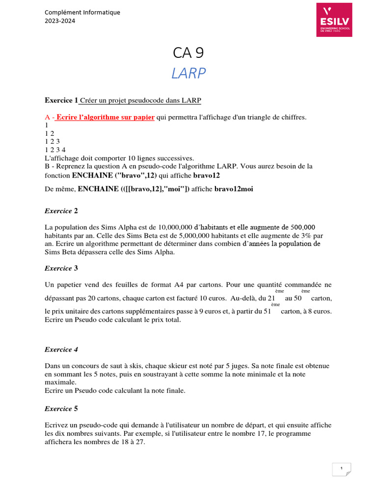 Exercice 1 Créer Un Projet Pseudocode Dans LARP: A - Ecrire L ...