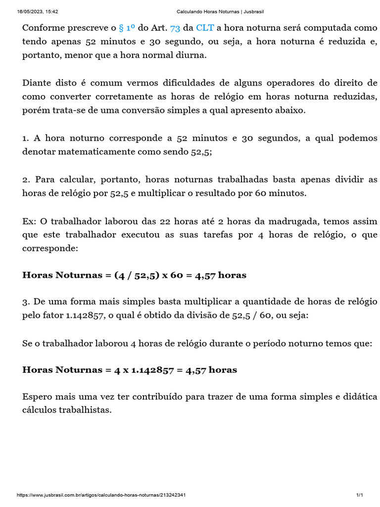 Cálculo de Horas Noturnas na CLT | PDF