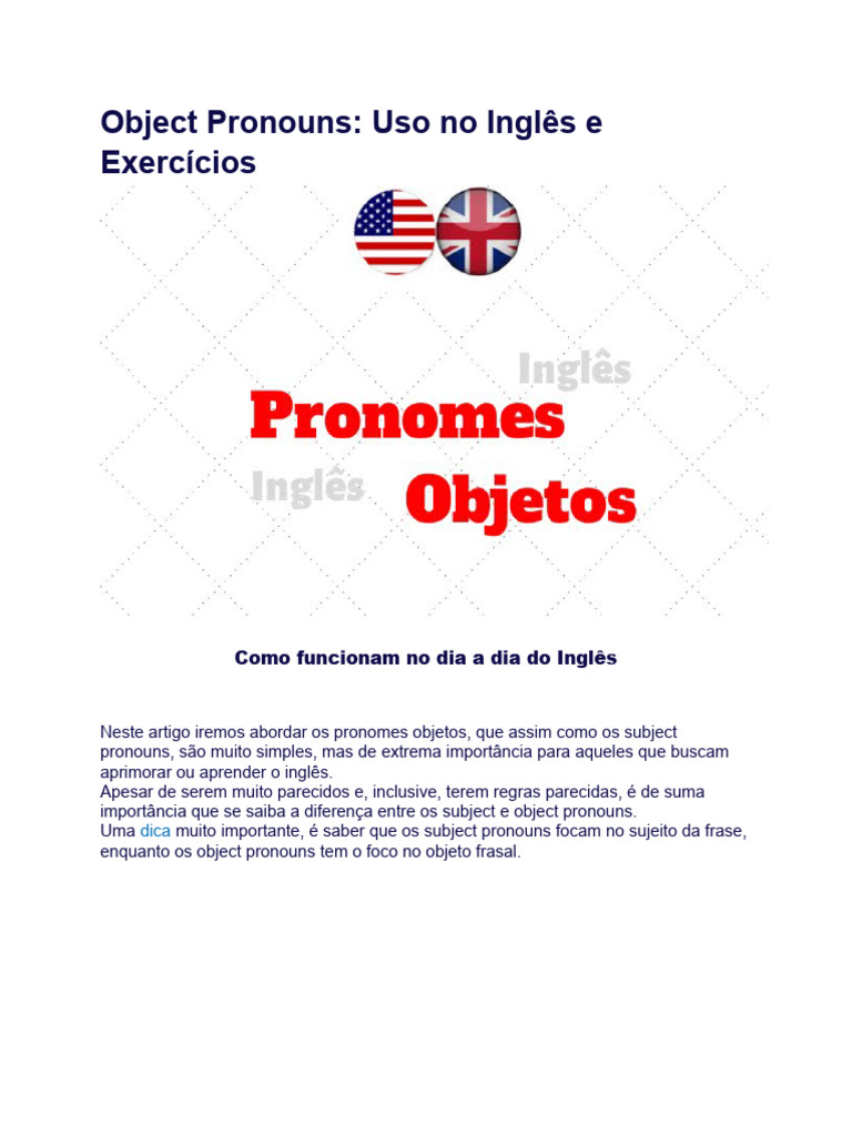 Exercícios de Object Pronouns em Inglês | PDF | Mecânica da linguagem ...