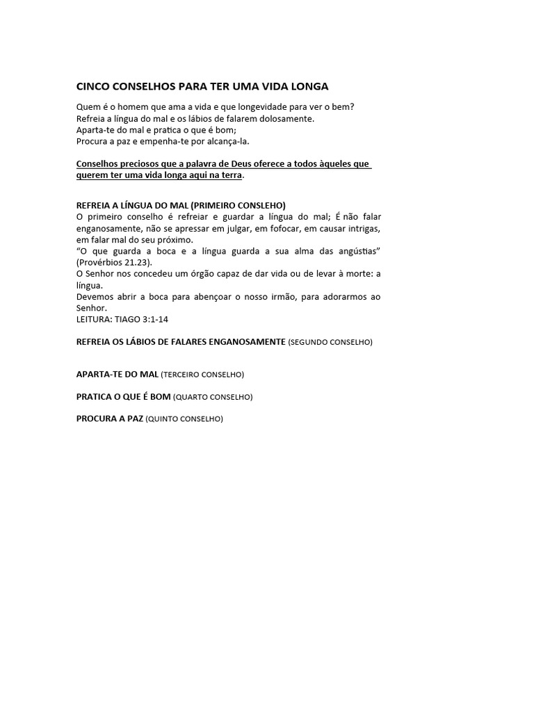 Cinco Conselhos para Vida Longa | PDF | Artes Linguísticas e Disciplina ...