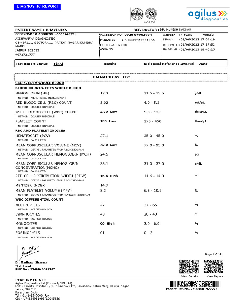 Bhavishka's Diagnostic Report Summary | PDF