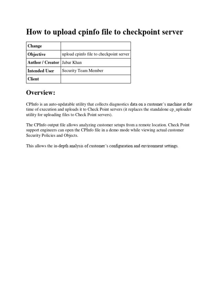 upload cpinfo file to checkpoint server | PDF