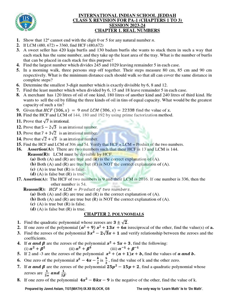 Class 10 Maths PA-1 Revision Guide | PDF | Quadratic Equation | Polynomial